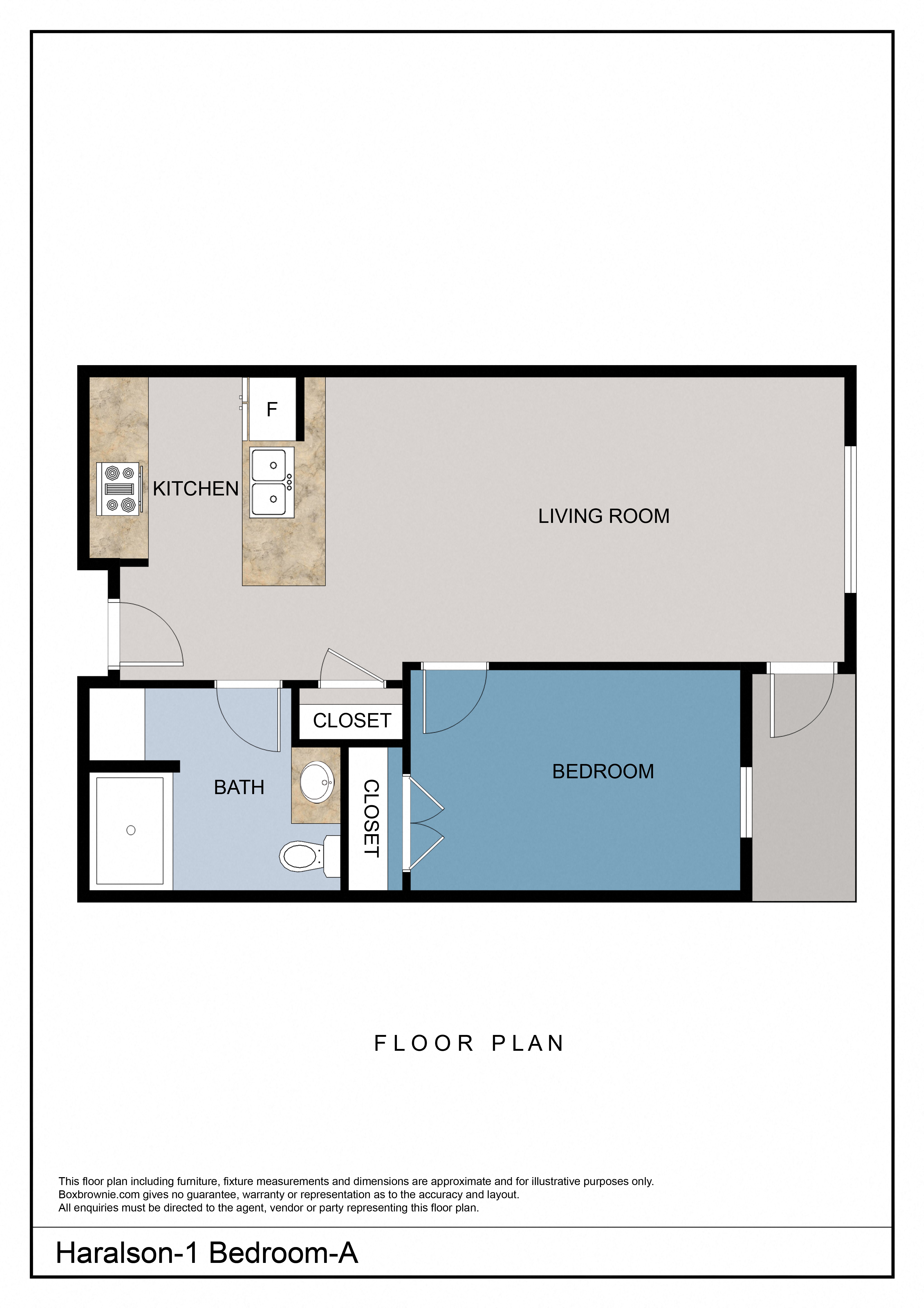 Floor plan for 1 bed, 1 bath, 654 sqft